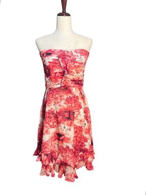 WHBM 100% Silk Strapless Floral Ruffle Cocktail Dress Size 10